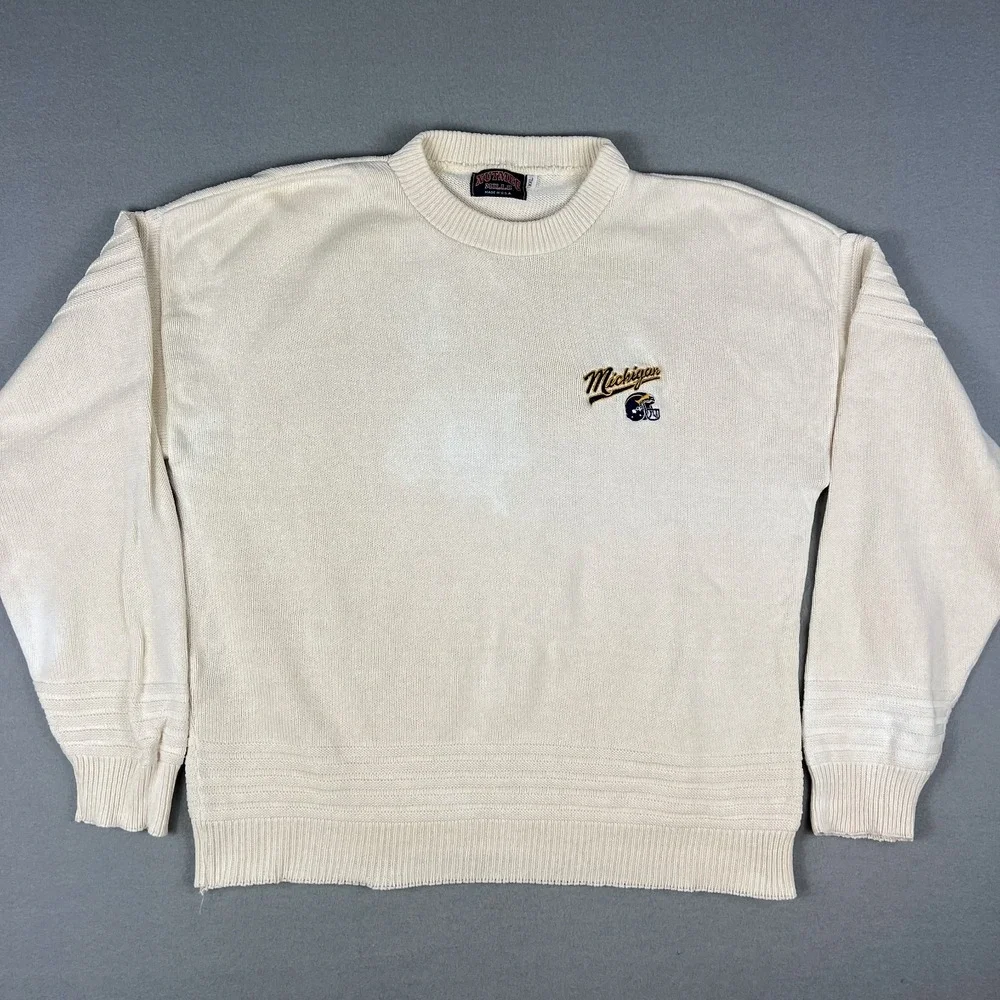 VTG University of Michigan Sweater Fits XL 90s Wolverines Embroidered Nutmeg USA